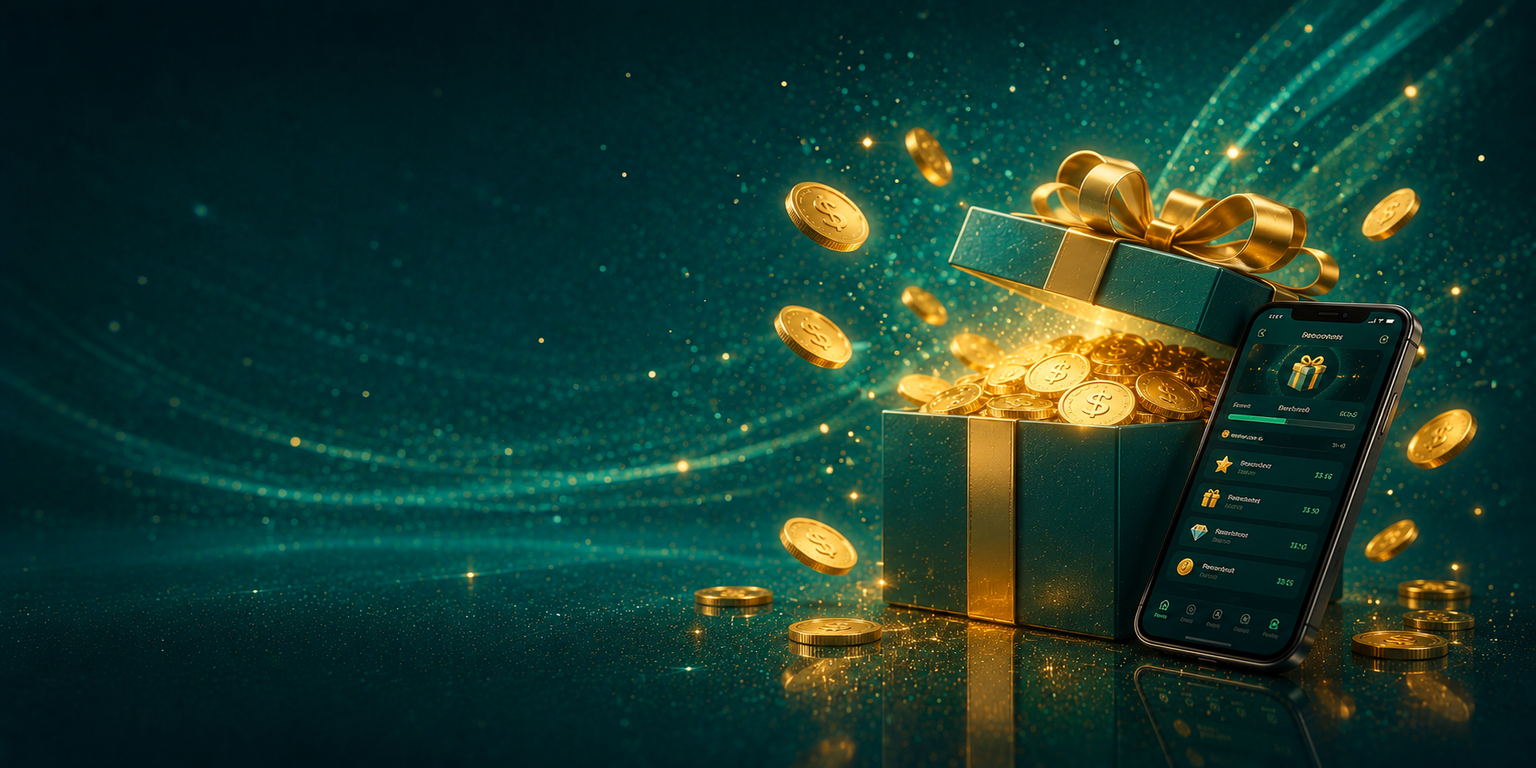 Gift box overflowing with gold coins beside a smartphone