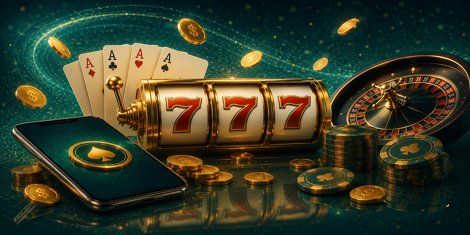 Slot reel showing 777 with a roulette wheel, playing cards and chips